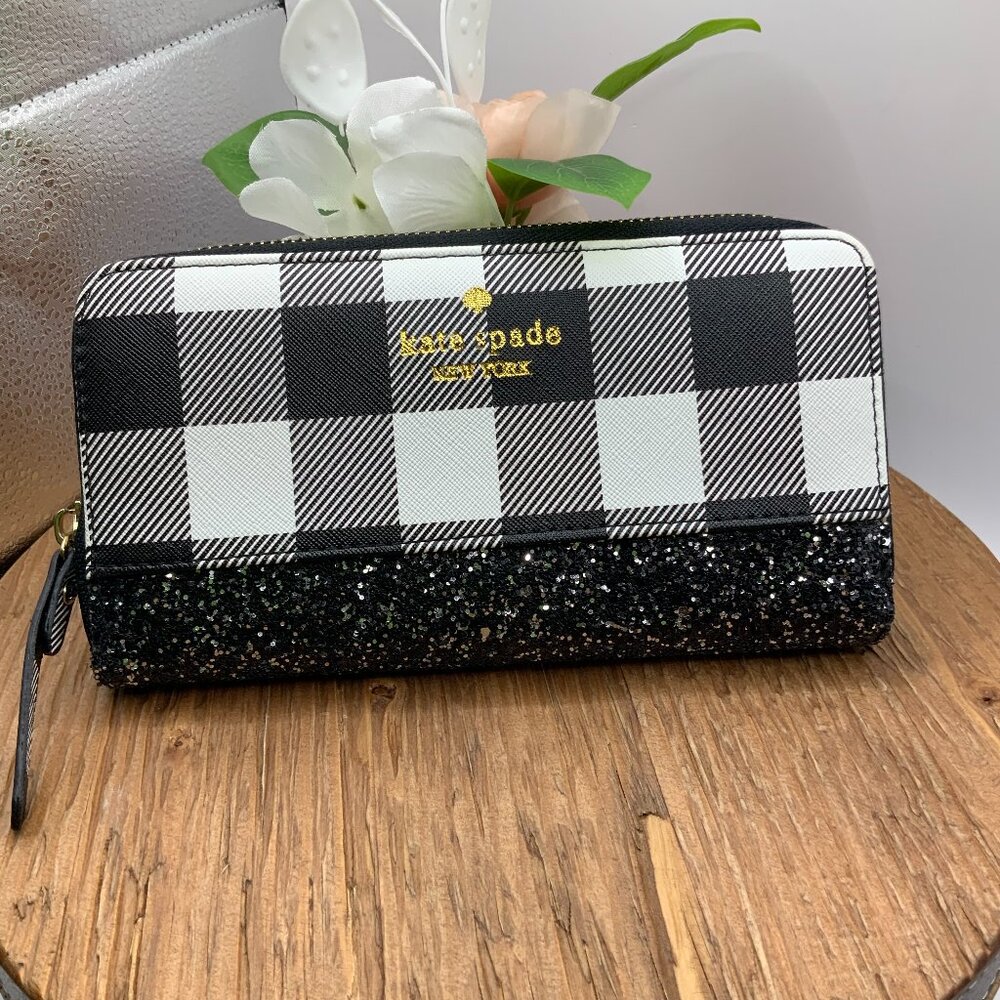 kate spade Black & White Check Glitter Zip Wallet